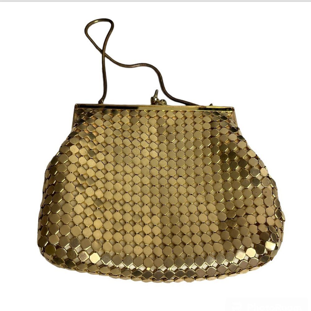 VINTAGE Gold Mesh Evening Bag Chain Strap Kiss Clasp Hong Kong 1950s